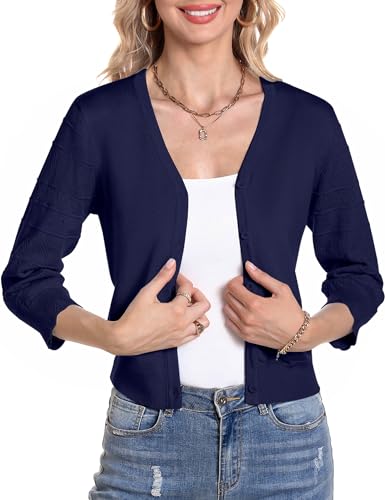 Gyabnw Strickjacke Damen 3/4 Ärmel Jacke Elegant Damen Cardigan Strickjacke Kurz Tops Jäckchen Oberteile B-Navy Blau,S von Gyabnw