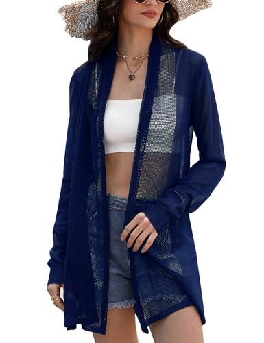 Gyabnw Bolero Damen Festlich Cardigan Lange Leichte Strickjacke Cover up Bikini Open Front Sommerjacke Langarm Outwear Shawl Strandkleid Beachwear Bolerojäckchen Strickbolero Strickweste Navy blau, M von Gyabnw