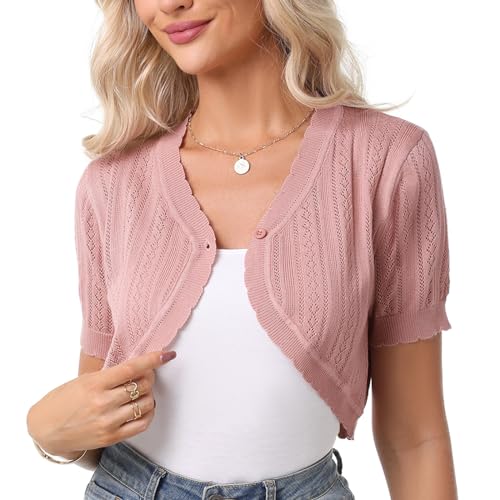 Gyabnw Bolero Festlich Damen Strickjacke Kurzarm mit offener Vorderseite Boleros Achselzucken für Kleider Häkel Cardigan Knopfleiste Rosa,XXL von Gyabnw