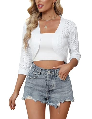 Gyabnw Bolero Jacke Damen 3/4 Ärmel Strickjacke Kurz Tops Elegant Damen Cardigan Jäckchen Oberteile B-Weiß,XXL von Gyabnw