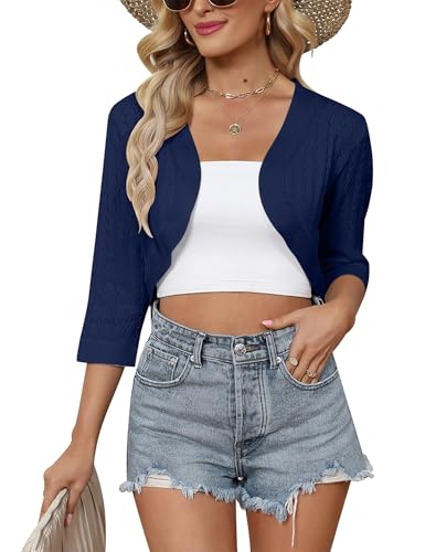 Gyabnw Bolero Jacke Damen Festlich 3/4 Ärmel Strickjacke Kurz Tops Elegant Damen Cardigan Jäckchen Oberteile B-Navy blau,L von Gyabnw