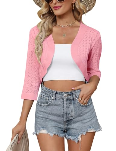 Gyabnw Bolero Rosa 3/4 Ärmel Strickjacke Kurz Tops Elegant Damen Cardigan Jäckchen Oberteile B-Rosa,XL von Gyabnw