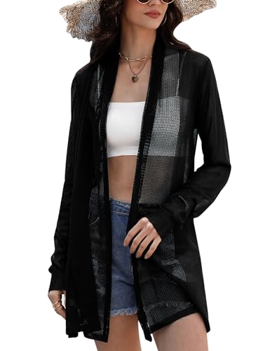 Gyabnw Cardigan Damen Bolero Lange Dünne Strickjacke Festlich Leicht Open Front Sommerjacke Bikini Cover up Langarm Jacke Schulterjacke Strickweste Shawl Strandkleid Beachwear Shrug Schwarz, S von Gyabnw