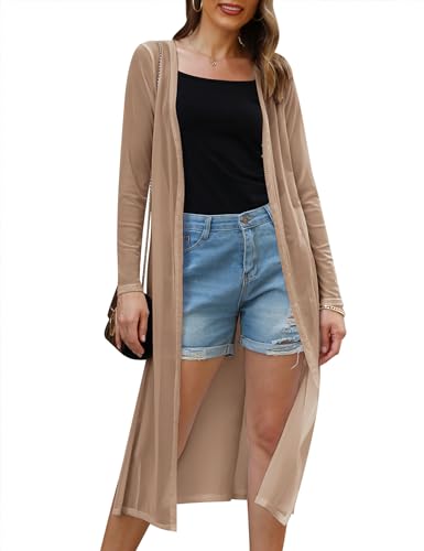 Gyabnw Cardigan Damen Lang Strickjacke Sommer Chiffon Jacke Lamgarm Sommerjacke Transparent Leicht Bikini Badeanzug Cover Up Beachwear Dünne Strickjacken, Khaki S von Gyabnw