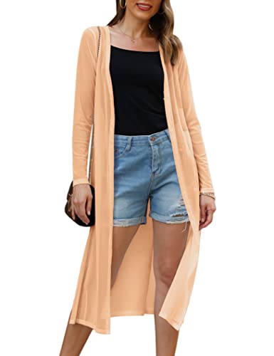 Gyabnw Cardigan Damen Strickjacke Leicht Chiffon Casual Lang Elegant Weich Open Front V Ausschnitt Badeanzug Cover Up Transparent Strandurlaub Beachwear Strandponcho Mode Schulterjacke, Aprikose M von Gyabnw