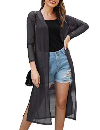 Gyabnw Cardigan Damen Strickjacke Leicht Chiffon Casual Lang Elegant Weich Open Front V Ausschnitt Badeanzug Cover Up Transparent Strandurlaub Beachwear Strandponcho Mode Schulterjacke, Dunkelgrau M von Gyabnw