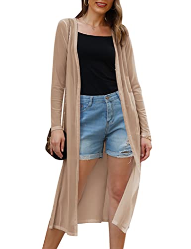 Gyabnw Cardigan Damen Strickjacke Leicht Chiffon Casual Lang Elegant Weich Open Front V Ausschnitt Badeanzug Cover Up Transparent Strandurlaub Beachwear Strandponcho Mode Schulterjacke, Khaki S von Gyabnw