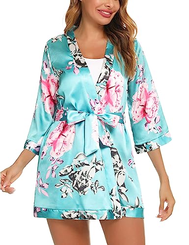 Gyabnw Cardigan Kimono Strand Damen Sommer Lang Chiffon Bolero Damen Festival 3/4 Ärmel Strickjacke Badeanzug Kleid Offen Front Blumen Beachwear Bikini Cover up Shawl Bluse Oberteil Tops HimmelblauM von Gyabnw