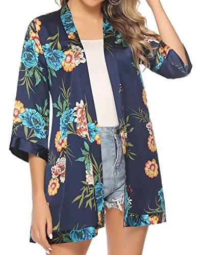 Gyabnw Cardigan Kimono Strand Damen Sommer Lang Chiffon Bolero Damen Festival 3/4 Ärmel Strickjacke Badeanzug Kleid Offen Front Blumen Beachwear Bikini Cover up Shawl Bluse Oberteil Tops NachtblauS von Gyabnw