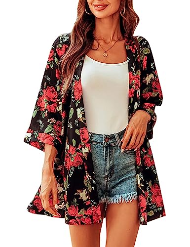 Gyabnw Cardigan Kimono Strand Damen Sommer Lang Chiffon Bolero Damen Festival 3/4 Ärmel Strickjacke Badeanzug Kleid Offen Front Blumen Beachwear Bikini Cover up Shawl Bluse Oberteil Tops Schwarz-1M von Gyabnw