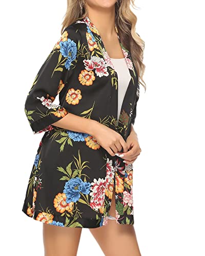 Gyabnw Cardigan Kimono Strand Damen Sommer Lang Chiffon Bolero Damen Festival 3/4 Ärmel Strickjacke Badeanzug Kleid Offen Front Blumen Beachwear Bikini Cover up Shawl Bluse Oberteil Tops SchwarzM von Gyabnw