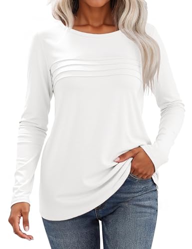 Gyabnw Langarmshirt Weiss Damen Rundhals Locker Baumwolle Plissee Oberteile Casual für Herbst und Winter von Gyabnw