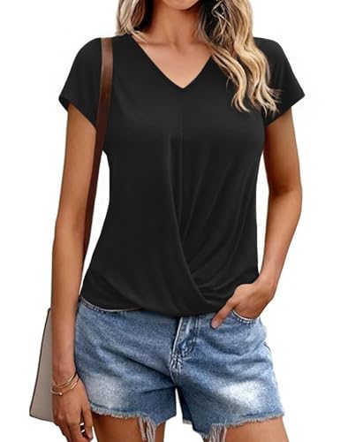 Gyabnw Damen Bluse Elegant Baumwolle Shirts Kurzarm Top Basic Oberteile V-Ausschnitt T-Shirt von Gyabnw