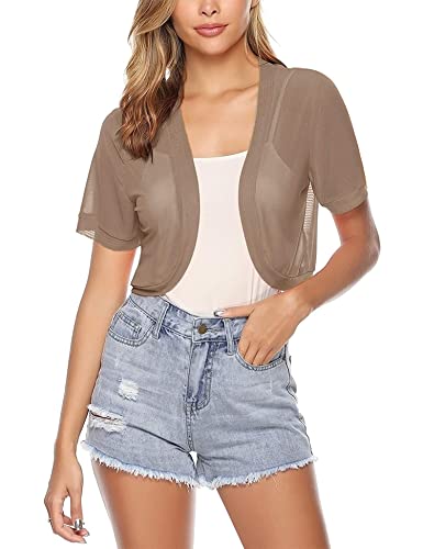 Gyabnw Strickjacke Damen Bolero Kurzer Cardigan Kurzarm Spitze Bolerojacke Vorne Offen Durchsichtig Schulterjacke Leichte Shrug Strickbolero Sommertop S-3XL von Gyabnw