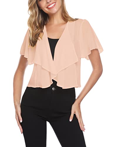 Gyabnw Damen Bolero Chiffon Jacke Transparente Schicke Boleros Festlicher Bolerojacke Kurzarm Sommer Blazer Jäckchen Spitze Bolero für Abendkleider Hochzeit, Aprikose(X), L von Gyabnw