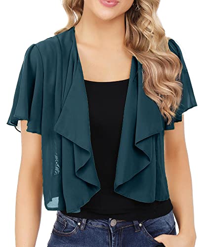 Gyabnw Damen Bolero Chiffon Jacke Transparente Schicke Boleros Festlicher Bolerojacke Kurzarm Sommer Blazer Jäckchen Spitze Bolero für Abendkleider Hochzeit, Dunkelgrün(X), L von Gyabnw