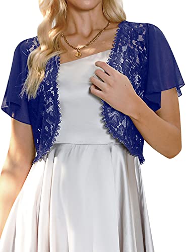 Gyabnw Damen Bolero Chiffon Jacke Transparente Schicke Boleros Festlicher Bolerojacke Kurzarm Sommer Blazer Jäckchen Spitze Bolero für Abendkleider Hochzeit, Navyblau, L von Gyabnw