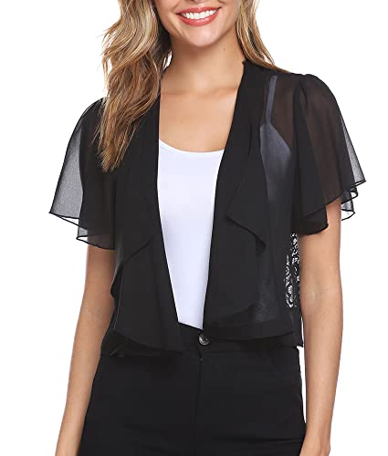 Gyabnw Damen Bolero Chiffon Jacke Transparente Schicke Boleros Festlicher Bolerojacke Kurzarm Sommer Blazer Jäckchen Spitze Bolero für Abendkleider Hochzeit, Schwarz(X), L von Gyabnw