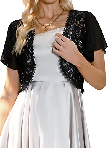 Gyabnw Damen Bolero Chiffon Jacke Transparente Schicke Boleros Festlicher Bolerojacke Kurzarm Sommer Blazer Jäckchen Spitze Bolero für Abendkleider Hochzeit, Schwarz, M von Gyabnw