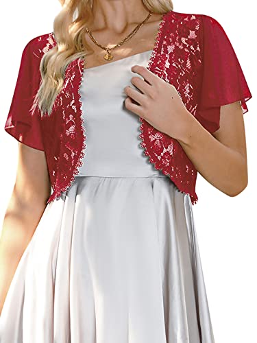 Gyabnw Damen Bolero Chiffon Jacke Transparente Schicke Boleros Festlicher Bolerojacke Kurzarm Sommer Blazer Jäckchen Spitze Bolero für Abendkleider Hochzeit, Weinrot, S von Gyabnw