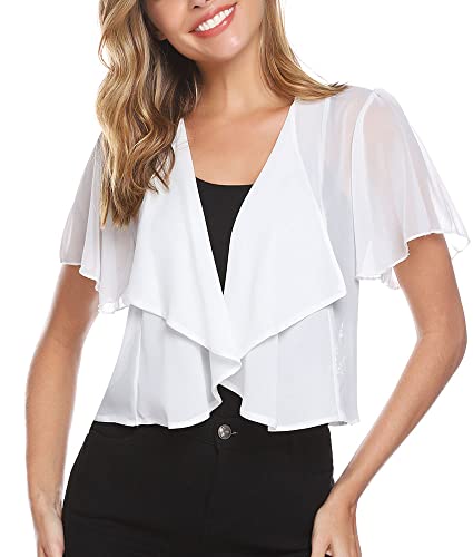 Gyabnw Damen Bolero Chiffon Jacke Transparente Schicke Boleros Festlicher Bolerojacke Kurzarm Sommer Blazer Jäckchen Spitze Bolero für Abendkleider Hochzeit, Weiß(X), L von Gyabnw