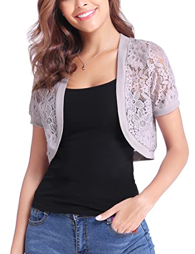 Gyabnw Damen Bolero Elegant Chiffon Strickjacke mit Floraler Spitze Kurzarm Bolerojacke Festlich für Abendkleider Hochzeit Jacke Transparente Schicke Sommer Blazer Jäckchen von Gyabnw