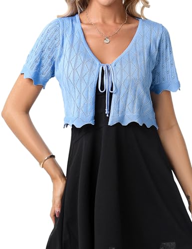 Gyabnw Damen Bolero Elegante Boleros Strickjacke Kurzarm Cardigan Aushol Festlicher Bolerojacke Schnüren Sommer Blazer Jäckchen Bolero für Abendkleider Hochzeit Strand Cocktailkleid BlauL von Gyabnw