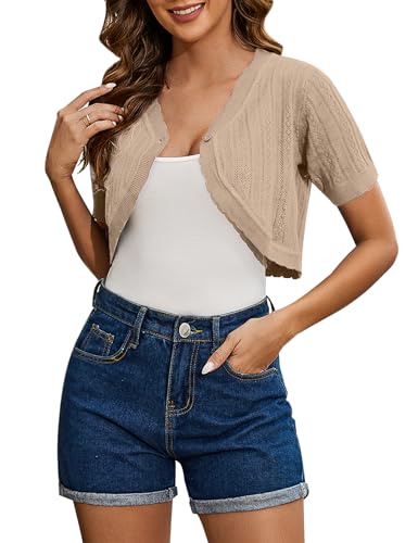 Gyabnw Damen Bolero Elegante Boleros Strickjacke Kurzarm Cardigan Festlicher Bolero Jacke Sommer Jäckchen Bolero für Abendkleider Hochzeit B-BeigeL von Gyabnw