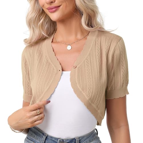 Gyabnw Bolero Jacke Damen Cardigan mit offener Vorderseite Boleros Achselzucken für Kleider Häkel Cardigan Knopfleiste Beige,L von Gyabnw