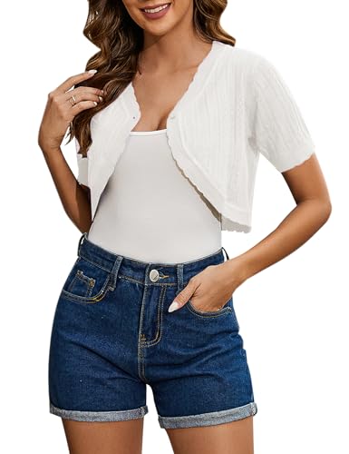 Gyabnw Damen Bolero Elegante Boleros Strickjacke Kurzarm Cardigan Festlicher Bolero Jacke Sommer Jäckchen Bolero für Abendkleider Hochzeit B-WeißM von Gyabnw