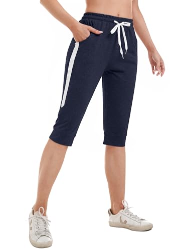 Gyabnw Damen Caprihose 3/4 Jogginghose Trainingshose Elegant Relaxhose Sportleggings Yogahose mit Kontraststreifen für Sport und Freizeit Navy blauL von Gyabnw