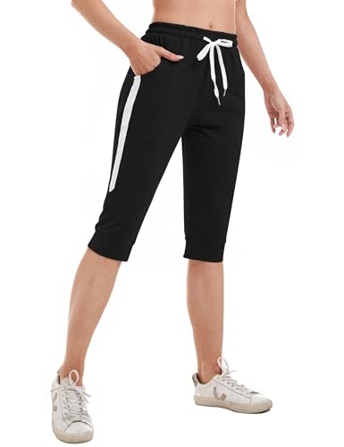 Gyabnw Damen Caprihose 3/4 Jogginghose Trainingshose Elegant Relaxhose Sportleggings Yogahose mit Kontraststreifen für Sport und Freizeit SchwarzL von Gyabnw