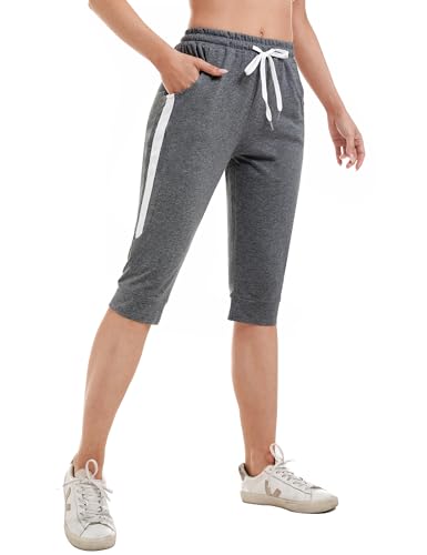 Gyabnw Damen Caprihose 3/4 Jogginghose Trainingshose Elegant Relaxhose Sportleggings Yogahose mit Kontraststreifen für Sport und Freizeit dunkelgrauM von Gyabnw