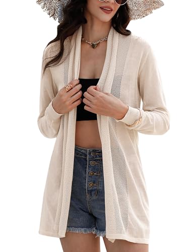 Gyabnw Cardigan für Damen Bolero Lange Dünne Strickjacke Leicht Open Front Sommerjacke Bikini Cover up Langarm Schulterjacke Strickweste Shawl Strandkleid Beachwear Bolerojäckchen Shrug Aprikose, XL von Gyabnw