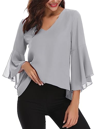 Gyabnw Damen Chiffon Bluse Volantärmeln Tunika 3/4 Arm Elegant Chiffontunika Festlich Chiffon Bluse V Ausschnitt Oberteill mit Trompetenärmeln Grau M von Gyabnw