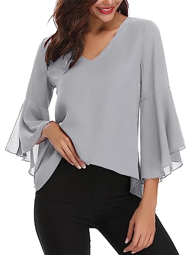 Gyabnw Damen Chiffon Bluse Volantärmeln Tunika 3/4 Arm Elegant Chiffontunika Festlich Chiffon Bluse V Ausschnitt Oberteill mit Trompetenärmeln Grau XXL Gyabnw Damen Chiffon Bluse Volantärmeln Tunika 3/4 Arm Elegant Chiffontunika Festlich Chiffon Bluse V Ausschnitt Oberteill mit Trompetenärmeln Grau XXL von Gyabnw