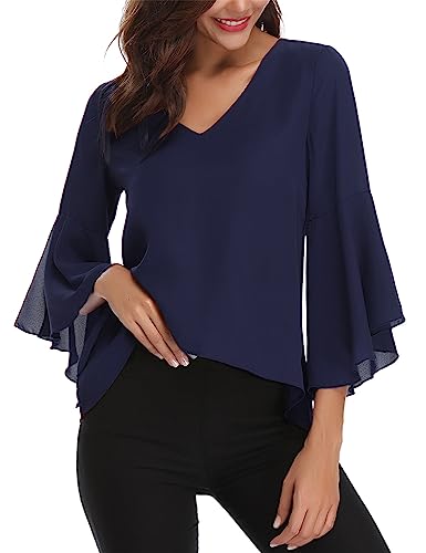 Gyabnw Damen Chiffon Bluse Volantärmeln Tunika 3/4 Arm Elegant Chiffontunika Festlich Chiffon Bluse V Ausschnitt Oberteill mit Trompetenärmeln Nachtblau XL von Gyabnw