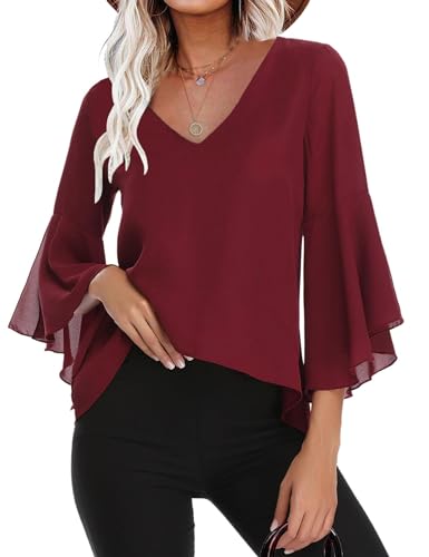 Gyabnw Damen Chiffon Bluse Volantärmeln Tunika 3/4 Arm Elegant Chiffontunika Festlich Chiffon Bluse V Ausschnitt Oberteill mit Trompetenärmeln Rand L von Gyabnw