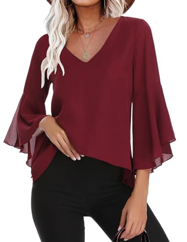 Gyabnw Damen Chiffon Bluse Volantärmeln Tunika 3/4 Arm Elegant Chiffontunika Festlich Chiffon Bluse V Ausschnitt Oberteill mit Trompetenärmeln Rand XXL Gyabnw Damen Chiffon Bluse Volantärmeln Tunika 3/4 Arm Elegant Chiffontunika Festlich Chiffon Bluse V Ausschnitt Oberteill mit Trompetenärmeln Rand XXL von Gyabnw