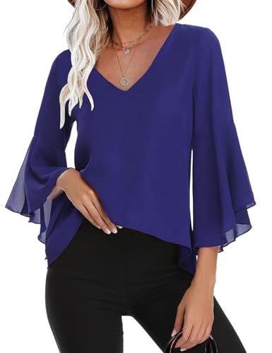 Gyabnw Damen Chiffon Bluse Volantärmeln Tunika 3/4 Arm Elegant Chiffontunika Festlich Chiffon Bluse V Ausschnitt Oberteill mit Trompetenärmeln Saphirblau L von Gyabnw