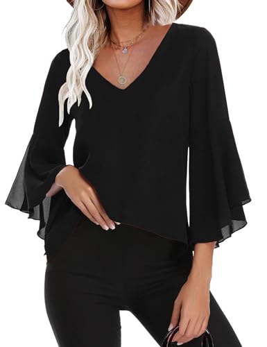 Gyabnw Damen Chiffon Bluse Volantärmeln Tunika 3/4 Arm Elegant Chiffontunika Festlich Chiffon Bluse V Ausschnitt Oberteill mit Trompetenärmeln Schwarz L von Gyabnw