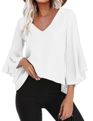 Gyabnw Damen Chiffon Bluse Volantärmeln Tunika 3/4 Arm Elegant Chiffontunika Festlich Chiffon Bluse V Ausschnitt Oberteill mit Trompetenärmeln Weiß L von Gyabnw