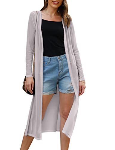 Gyabnw Cardigan Damen Strickjacke Leicht Chiffon Casual Lang Elegant Weich Open Front V Ausschnitt Badeanzug Cover Up Transparent Strandurlaub Beachwear Strandponcho Mode Schulterjacke, Grau XXL von Gyabnw