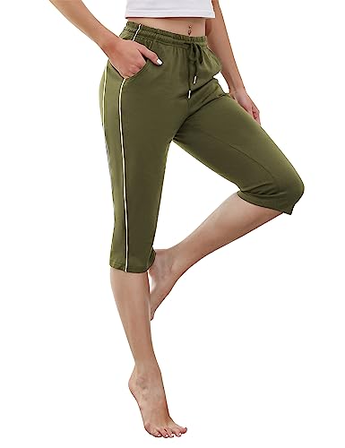 Gyabnw Damen Cropped Pants Capri 3/4 Länge Sweatpants Sport Jogging Shorts Sommerhose Damen Trainingshose Casual Yoga Hose ArmeegrünL von Gyabnw