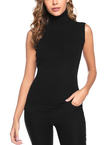 Gyabnw Strickpullover Damen Ärmellos Rollkragenpullover Elegant Rolli Pullover Rollkragen Strick Pulli Sleeveless Herbst Winter Strickpulli, Schwarz S von Gyabnw