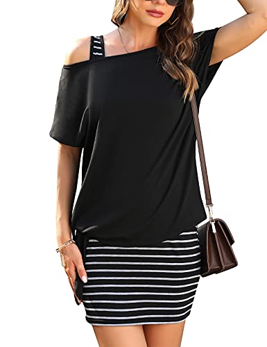 Gyabnw Damen Kleid Sommerkleid Shirtkleider Elegant Jerseykleid Sommerlicher Zweiteiler - Kleid & Oversize Shirt für Party, Schwarz Streifen, L von Gyabnw