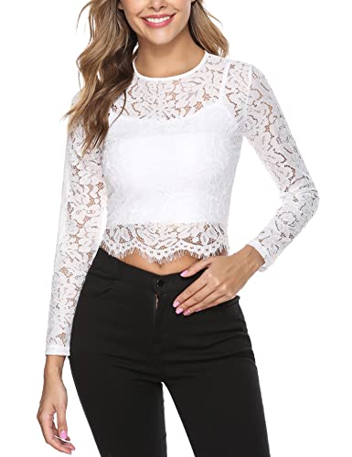 Gyabnw Dirndlbluse Damen Langarm Spitze Top Bluse Shirt Leicht Transparente Spitzenbluse Rundhals Trachtenbluse Durchsichtig Stickerei Blumen Spitzendirndlbluse Oberteile Elegante, Weiß-6 XL von Gyabnw