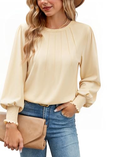 Gyabnw Damen Pullover Herbst Basic Damen Puffärmel Plissee Rundhals Top für Herbst Aprikose,L von Gyabnw