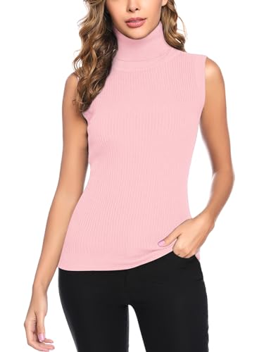 Gyabnw Damen Pullover Rollkragen Strickpullunder Ärmellos Rollkragenpullover Elegant Rolli Top Sleeveless Einfarbig Strickpullover Herbst Winter, Rosa XL von Gyabnw