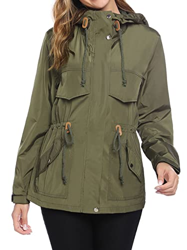 Gyabnw Damen Regenmantel Frühling Regenparka Wasserdicht Sommerjacke Leicht Übergangsmantel Laufjacke Windbreaker, Armeegrün, XL von Gyabnw